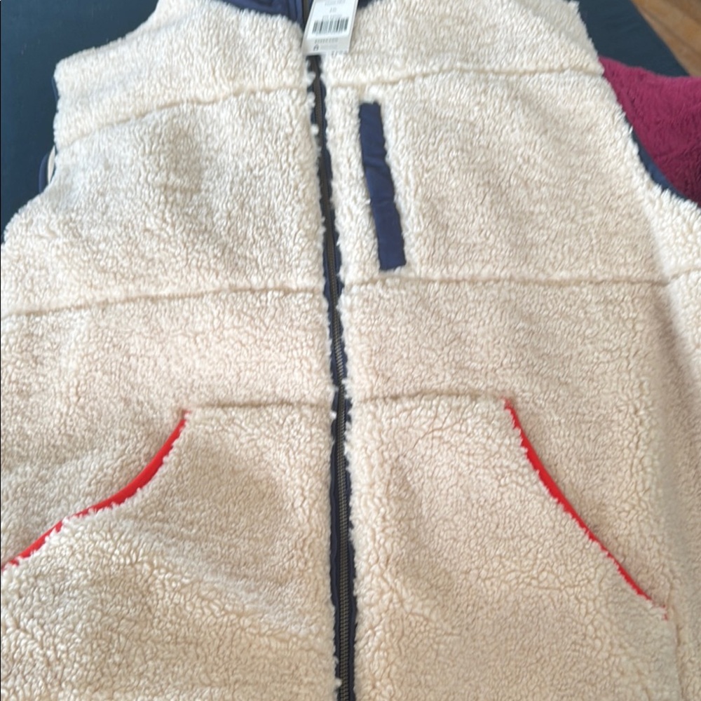 Boden Cream and Red Fleece Vest with Full-Length Zipper